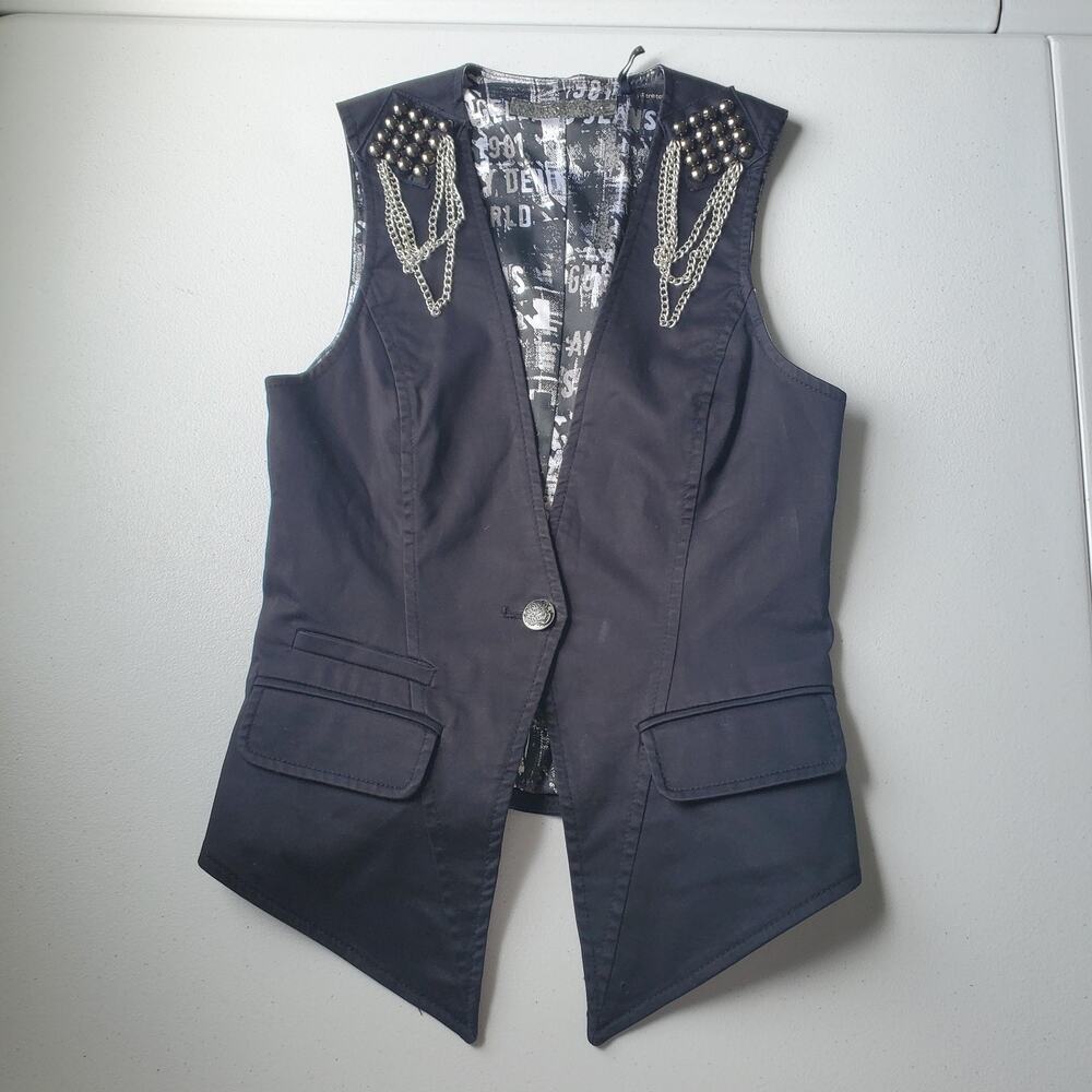 y2k Grunge Punk Guess Vest Womens XS Black Studded Chain Biker Punk Rock